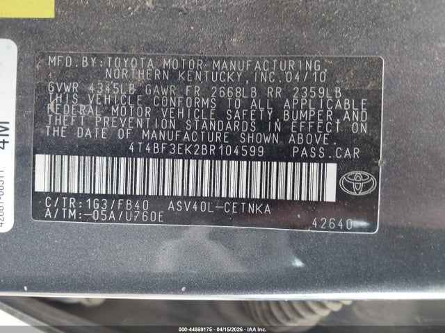 Продажа на аукционе авто 2011 Toyota Camry Le, vin: 4T4BF3EK2BR104599, номер лота: 44869175
