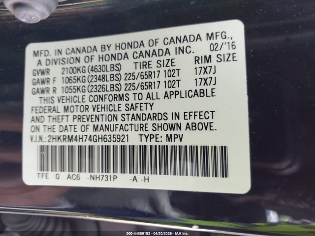 2HKRM4H74GH635921 Honda Cr-v Ex-l