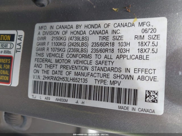 Aukcja sprzedaży 2020 Honda Cr-v Awd Ex, vin: 2HKRW2H53LH652135, numer aukcji: 44869189