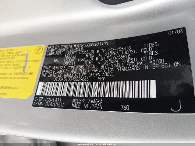 Aukcja sprzedaży 2004 Lexus Rx 330, vin: JTJGA31U340029865, numer aukcji: 44869203