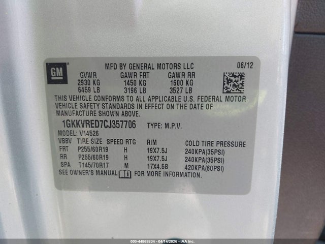 Aukcja sprzedaży 2012 Gmc Acadia Slt-1, vin: 1GKKVRED7CJ357706, numer aukcji: 44869204