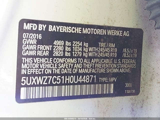 44869210 :رقم المزاد ، 5UXWZ7C51H0U44871 vin ، 2017 Bmw X3 Sdrive28i مزاد بيع