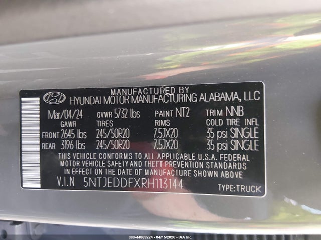 2024 Hyundai Santa Cruz Limited მანქანა იყიდება აუქციონზე, vin: 5NTJEDDFXRH113144, აუქციონის ნომერი: 44869224
