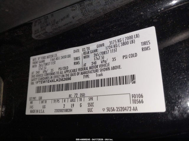 Aukcja sprzedaży 2020 Ford F-150 Xlt, vin: 1FTEW1E4XLKD82696, numer aukcji: 44869245