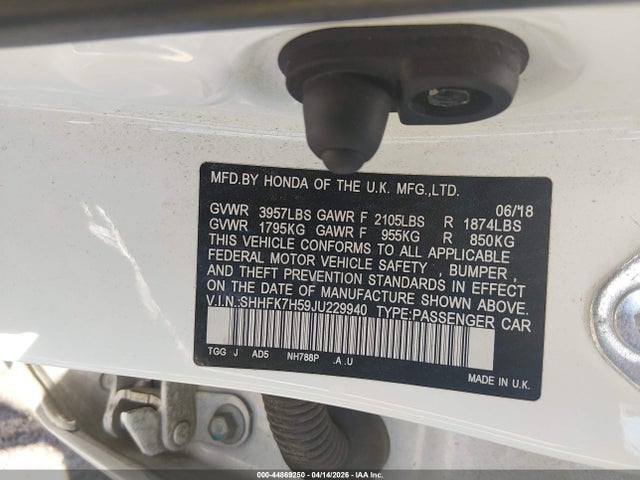 Honda CIVIC EX 2018 SHHFK7H59JU229940 Image 9
