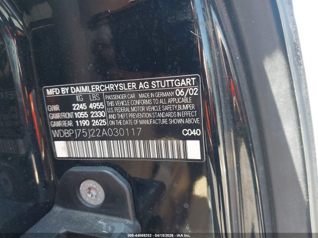 Aukcja sprzedaży 2002 Mercedes-benz Cl 500, vin: WDBPJ75J22A030117, numer aukcji: 44869252