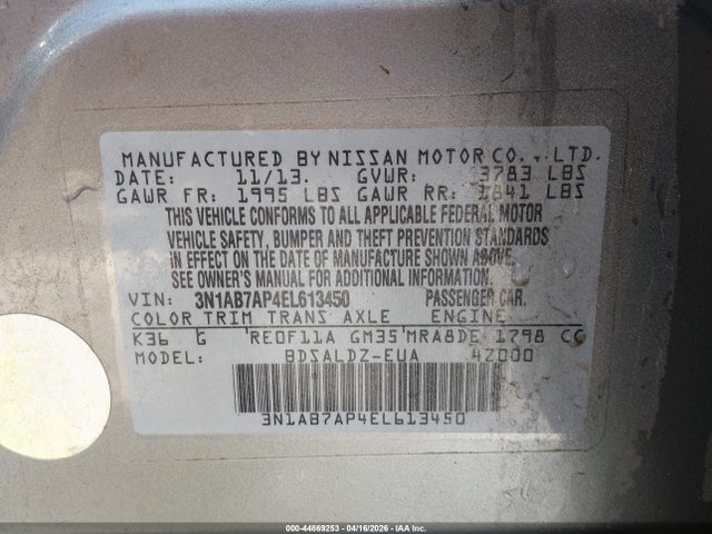 44869253 :رقم المزاد ، 3N1AB7AP4EL613450 vin ، 2014 Nissan Sentra Sv مزاد بيع