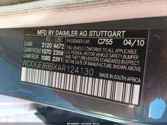 2010 Mercedes-benz C 300 მანქანა იყიდება აუქციონზე, vin: WDDGF8BBXAR124130, აუქციონის ნომერი: 44869267