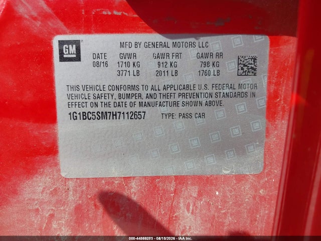 Продаж на аукціоні авто 2017 Chevrolet Cruze Ls Auto, vin: 1G1BC5SM7H7112657, номер лоту: 44869271