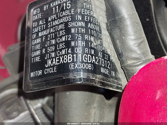 44869277 :رقم المزاد ، JKAEX8B11GDA27312 vin ، 2016 Kawasaki Ex300 B مزاد بيع