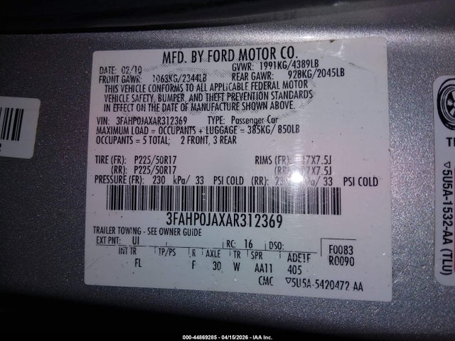 Продаж на аукціоні авто 2010 Ford Fusion Sel, vin: 3FAHP0JAXAR312369, номер лоту: 44869285