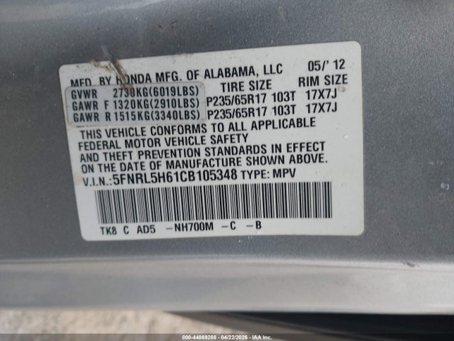 Aukcja sprzedaży 2012 Honda Odyssey Ex-l, vin: 5FNRL5H61CB105348, numer aukcji: 44869288
