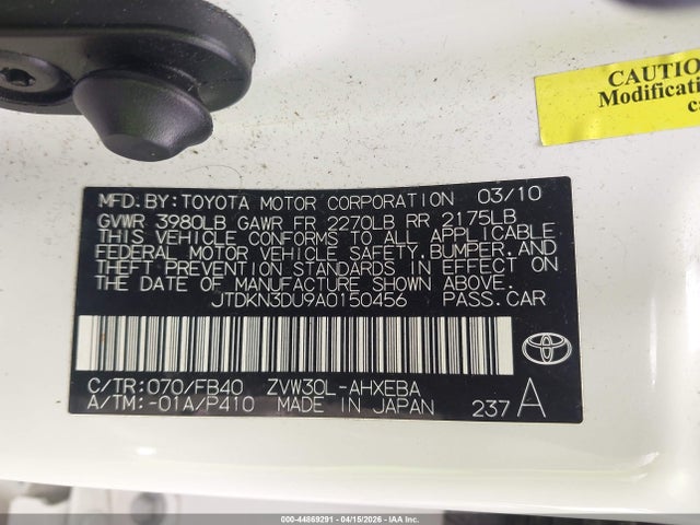 44869291 :رقم المزاد ، JTDKN3DU9A0150456 vin ، 2010 Toyota Prius Iii مزاد بيع