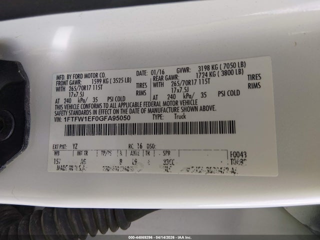 Aukcja sprzedaży 2016 Ford F-150 Xl, vin: 1FTFW1EF0GFA95050, numer aukcji: 44869296