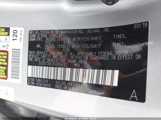 5TDYZ3DC7KS014783 Toyota Sienna Xle Premium 8 Passenger