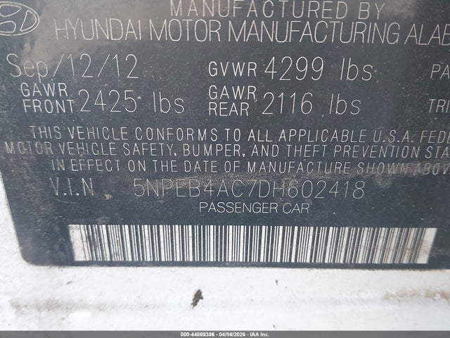Продажа на аукционе авто 2013 Hyundai Sonata Gls, vin: 5NPEB4AC7DH602418, номер лота: 44869306