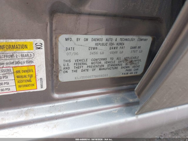 Продажа на аукционе авто 2007 Chevrolet Aveo Ls, vin: KL1TD56677B056081, номер лота: 44869314