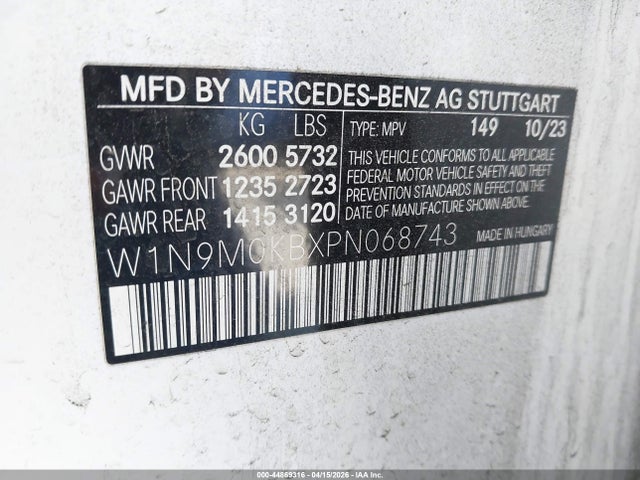 44869316 :رقم المزاد ، W1N9M0KBXPN068743 vin ، 2023 Mercedes-benz Eqb 300 Suv 4matic مزاد بيع