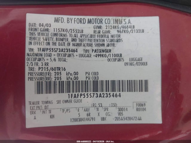 2003 FORD TAURUS 1FAFP55S73A235464 Photo 8