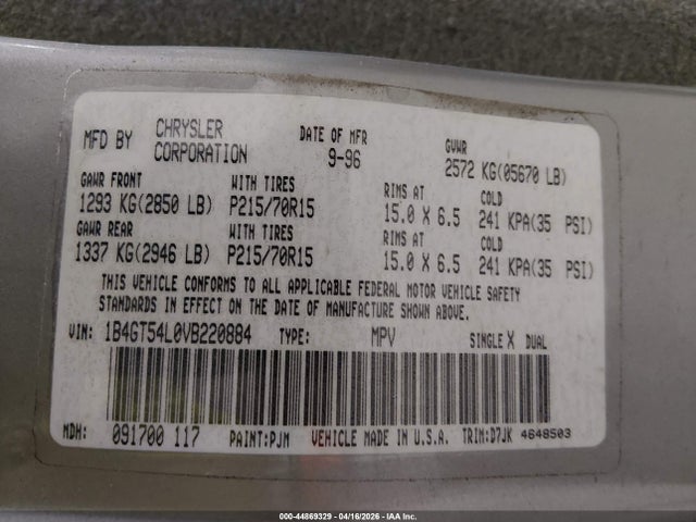 Aukcja sprzedaży 1997 Dodge Grand Caravan Es/le, vin: 1B4GT54L0VB220884, numer aukcji: 44869329