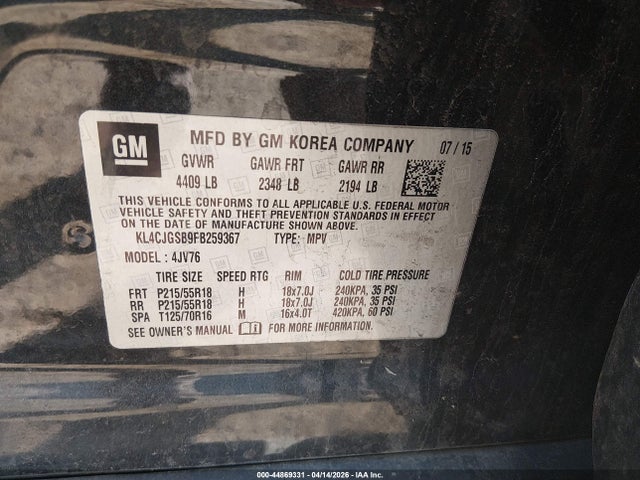 44869331 :رقم المزاد ، KL4CJGSB9FB259367 vin ، 2015 Buick Encore Leather مزاد بيع