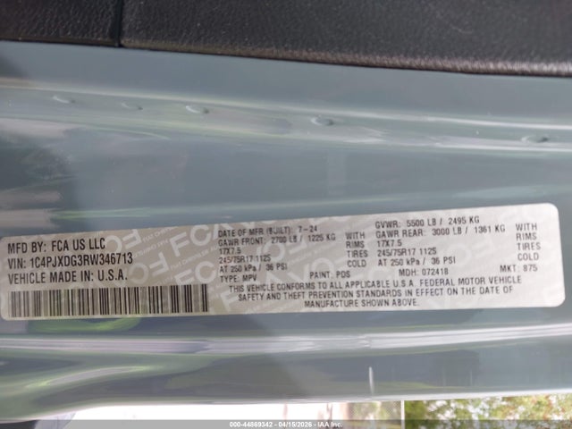44869342 :رقم المزاد ، 1C4PJXDG3RW346713 vin ، 2024 Jeep Wrangler 4-door Sport 4x4 مزاد بيع