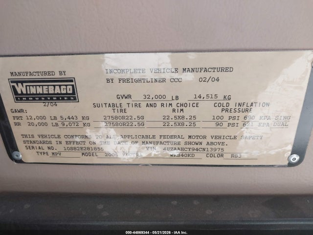 Продаж на аукціоні авто 2004 Freightliner Chassis X Line Motor Home, vin: 4UZAAHCY94CN13975, номер лоту: 44869344
