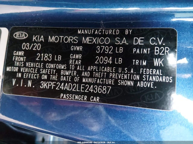 Продажа на аукционе авто 2020 Kia Forte Lxs, vin: 3KPF24AD2LE243687, номер лота: 44869346