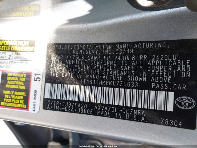4T1B11HK6KU770633 Toyota CAMRY LE