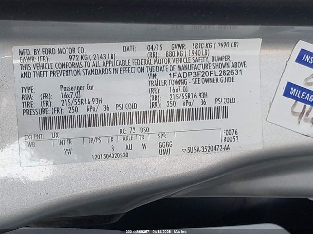 44869357 :رقم المزاد ، 1FADP3F20FL282631 vin ، 2015 Ford Focus Se مزاد بيع