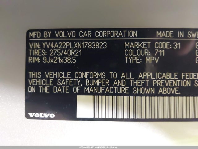 44869363 :رقم المزاد ، YV4A22PLXN1783823 vin ، 2022 Volvo Xc90 T6 Inscription 7 Passenger مزاد بيع