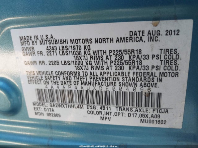 Продаж на аукціоні авто 2013 Mitsubishi Outlander Sport Se, vin: 4A4AP4AUXDE004096, номер лоту: 44869370