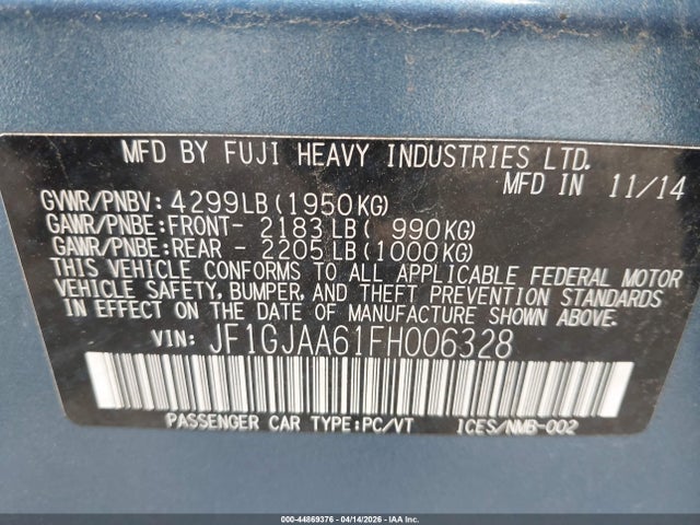 2015 Subaru Impreza 2.0i მანქანა იყიდება აუქციონზე, vin: JF1GJAA61FH006328, აუქციონის ნომერი: 44869376