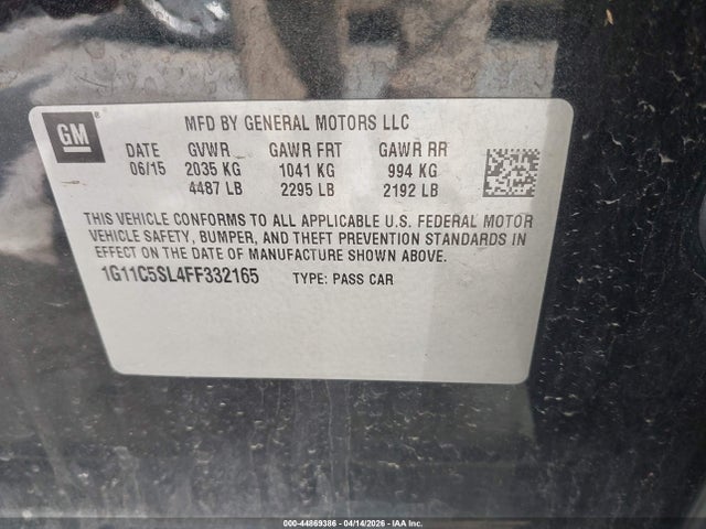 Aukcja sprzedaży 2015 Chevrolet Malibu 1lt, vin: 1G11C5SL4FF332165, numer aukcji: 44869386