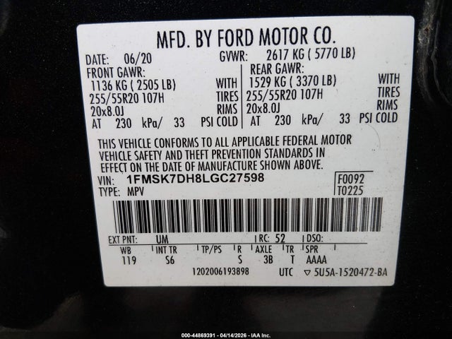 44869391 :رقم المزاد ، 1FMSK7DH8LGC27598 vin ، 2020 Ford Explorer Xlt مزاد بيع