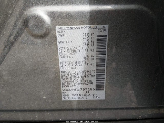 Продажа на аукционе авто 2019 Nissan Rogue Sl, vin: 5N1AT2MV8KC797186, номер лота: 44869400