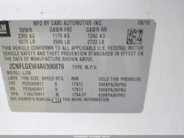 Aukcja sprzedaży 2010 Chevrolet Equinox Ltz, vin: 2CNFLGEW4A6396879, numer aukcji: 44869402