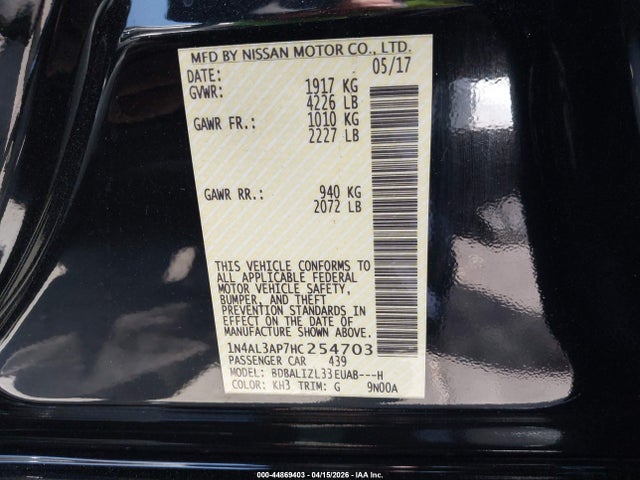44869403 :رقم المزاد ، 1N4AL3AP7HC254703 vin ، 2017 Nissan Altima 2.5 Sv مزاد بيع