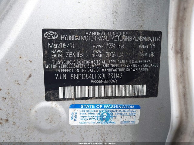 5NPD84LFXJH331142 Hyundai ELANTRA SEL