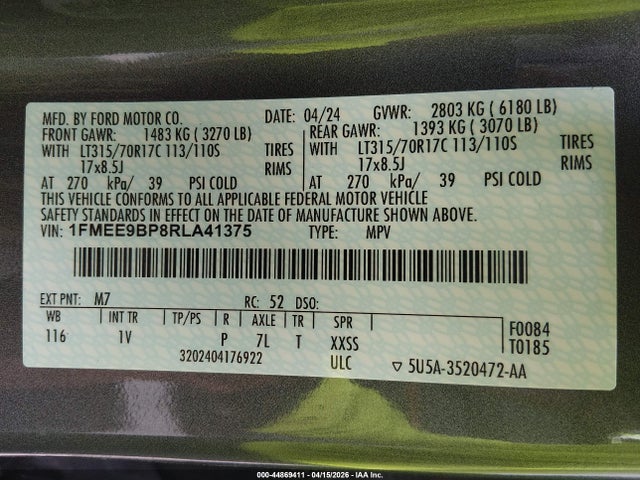 44869411 :رقم المزاد ، 1FMEE9BP8RLA41375 vin ، 2024 Ford Bronco Badlands مزاد بيع