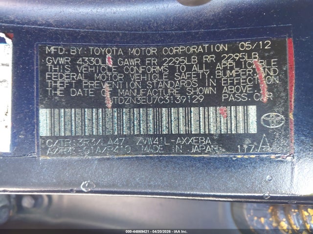 44869421 :رقم المزاد ، JTDZN3EU7C3139129 vin ، 2012 Toyota Prius V Five مزاد بيع
