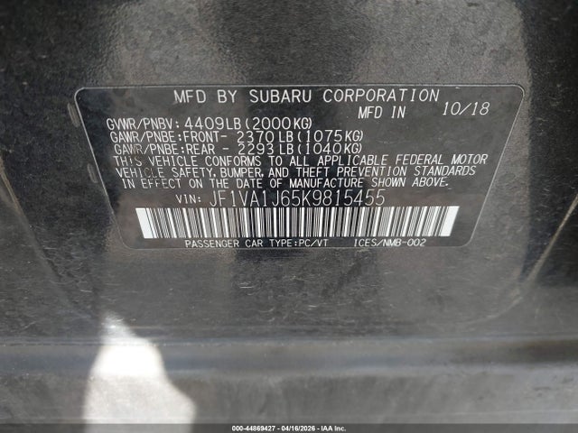 JF1VA1J65K9815455 Subaru Wrx Limited