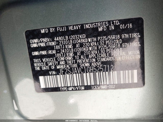 44869433 :رقم المزاد ، JF2SJAVC1GH525712 vin ، 2016 Subaru Forester 2.5i Touring مزاد بيع