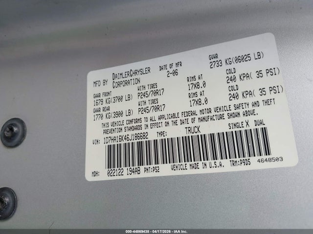 Aukcja sprzedaży 2006 Dodge Ram 1500 St, vin: 1D7HA16K46J186682, numer aukcji: 44869438