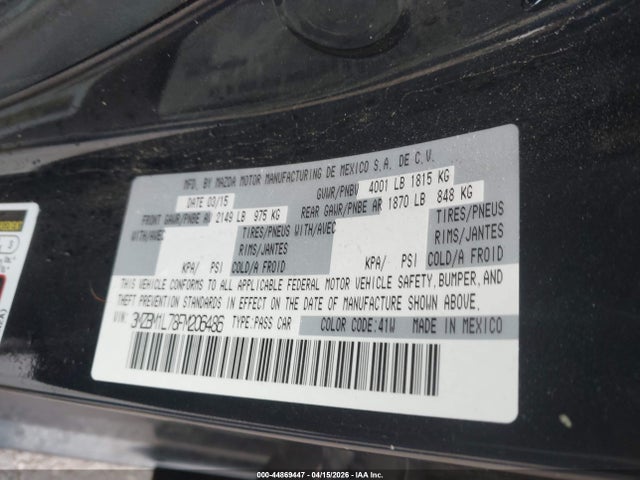 44869447 :رقم المزاد ، 3MZBM1L78FM206486 vin ، 2015 Mazda Mazda3 I Touring مزاد بيع