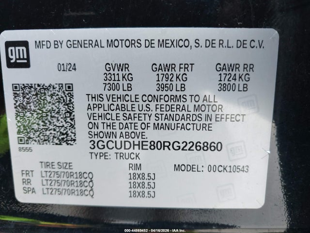 Aukcja sprzedaży 2024 Chevrolet Silverado 1500 4wd  Short Bed Zr2, vin: 3GCUDHE80RG226860, numer aukcji: 44869452