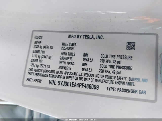 Продаж на аукціоні авто 2023 Tesla Model 3 Rear-wheel Drive, vin: 5YJ3E1EA4PF486099, номер лоту: 44869454