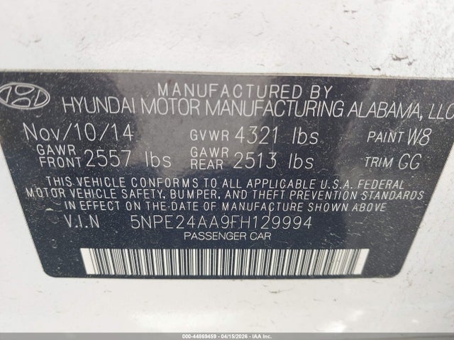 2015 Hyundai Sonata Eco მანქანა იყიდება აუქციონზე, vin: 5NPE24AA9FH129994, აუქციონის ნომერი: 44869459
