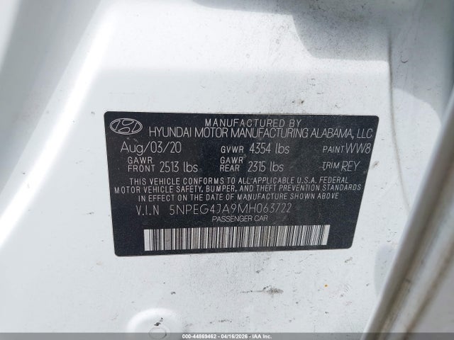 Aukcja sprzedaży 2021 Hyundai Sonata Se, vin: 5NPEG4JA9MH063722, numer aukcji: 44869462
