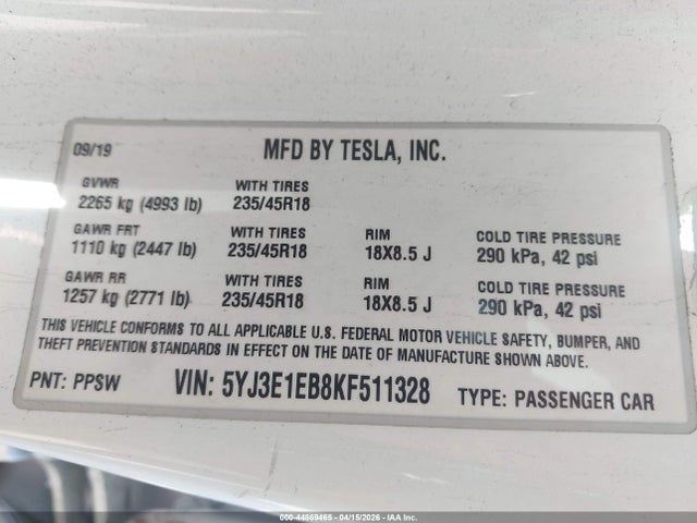 Aukcja sprzedaży 2019 Tesla Model 3 Long Range/performance, vin: 5YJ3E1EB8KF511328, numer aukcji: 44869465